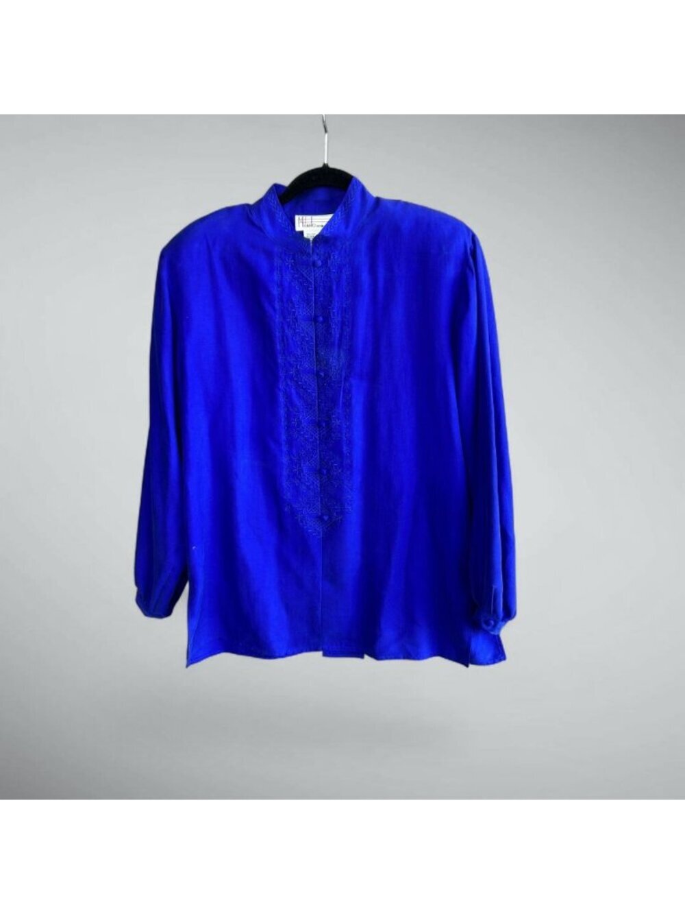 Milano Design Group Vintage 80s Blouse Royal Blue 100% Silk Embroidered Size L